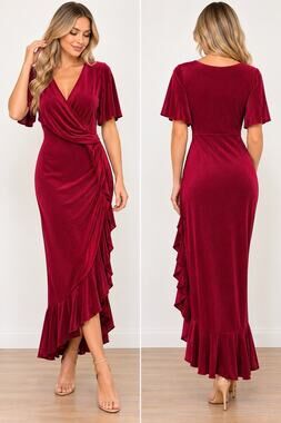 Burgundy Velvet Wrap Maxi Dress Ruffle Hem Flutter Sleeve Size L NWT